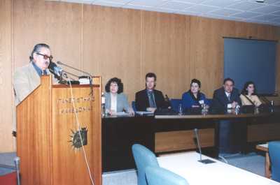Picture of the Rector of the University of Macedonia 
welcoming the attendees at the Open Information Day of the ACCELERATE project publicly
at the University of Macedonia, Thessaloniki, Greece. On the first panel Despina 
Karachlani (Polyplano Euroconsultants), Maarten Verboom (CGL), Anna Fragkou (University 
of Macedonia), Giorgos Mitropoulos (Panhellenic Association of the Blind) and Christine
Blahaki (blind student of the University of Macedonia).
