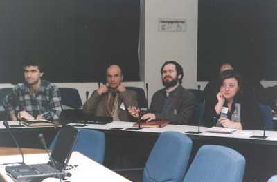 Picture of Thanasis Taramopoulos (University of Macedonia),
Bruno Sperl (University of Graz, Library), Mario Batusic (University of Linz, 
Computer Science for the Blind) and Popi Sourmaidou (Polyplano Euroconsultants) attending the 
Open Information Day of ACCELERATE launching at University of Macedonia, Thessaloniki.