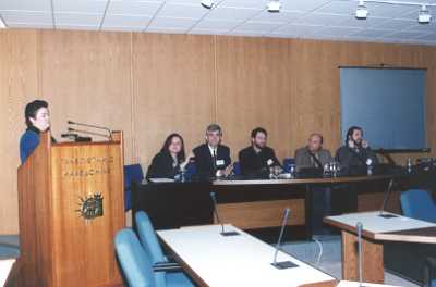 Picture of Anna Fragkou introducing the ACCELERATE project at
the Open Information Day for the public. The second panel of the session: Popi Sourmaidou 
(Polyplano Euroconsultants), Antonis Maratheftis (Cyprus Library), 
Philippos Tsimpoglou (University of Cyprus Library), Bruno Sperl (University of Graz)
and Mario Batusic (University of Linz, Computer Science for the Blind).