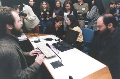 Picture of Mario Batusic from the University of Linz 
(Computer Science for the Blind) working at the adaptive workstation showing the function to the 
blind students and participants attended the Open Information Day on 25 February 2000
of ACCELERATE launching at the University of Macedonia, Thessaloniki.
