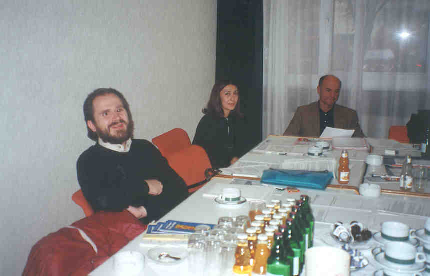 Mario Batusic (University of Linz), Panayiota Patragkou (University of Macedonia) and Bruno Sperl (University of Graz) during a break at the hotel conference room.