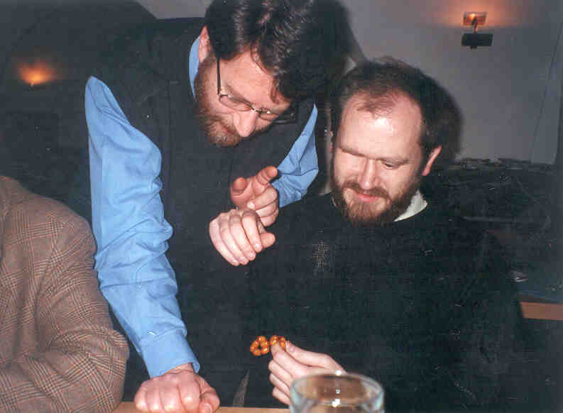 Philippos Tsimpoglou (University of Cyprus) is explaining to Mario Batusic (University of Linz) the use of the Greek 'kompoloi'.